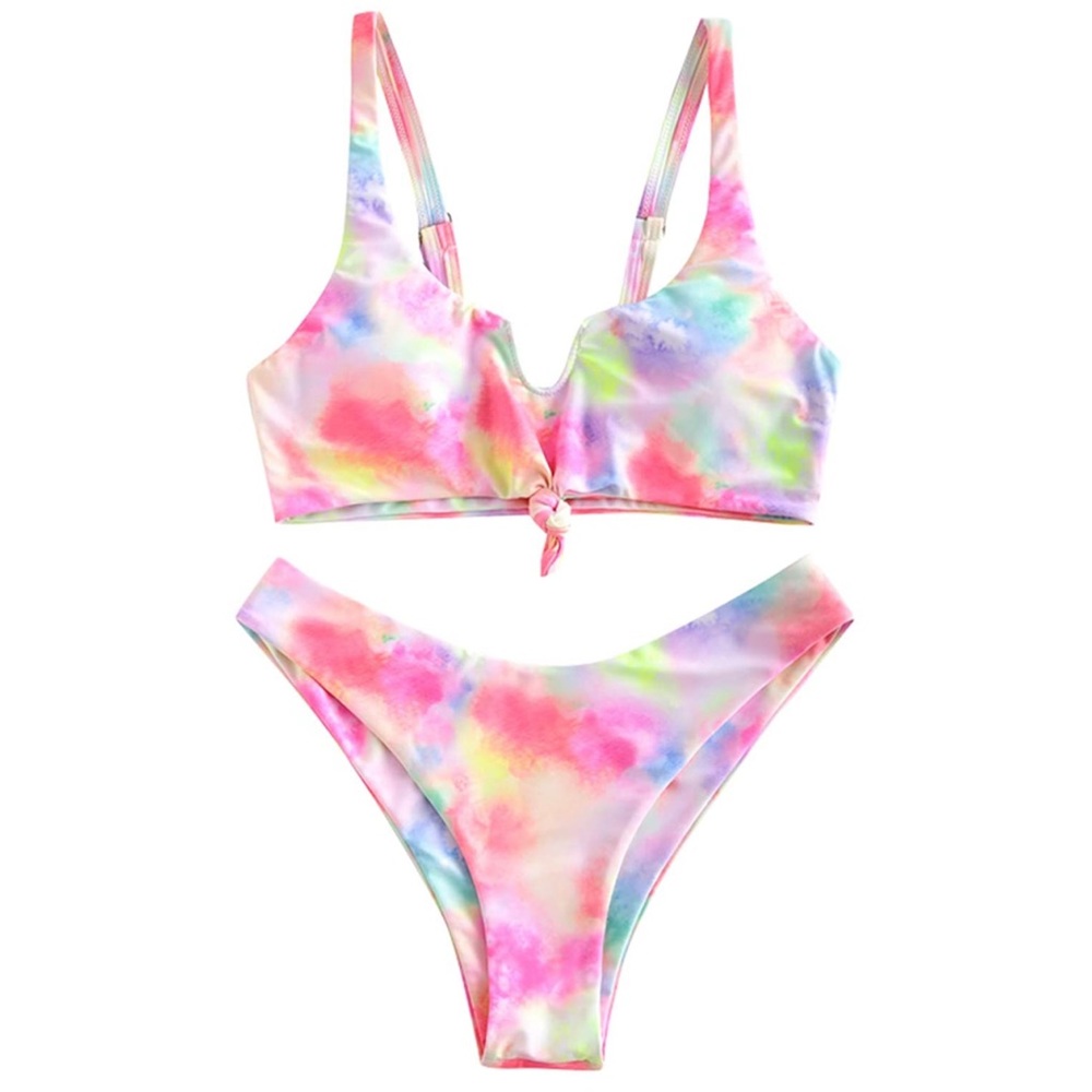 Womens Contrast Striped Knot 2 Pieces Bikini Set Straps High Cut Bathing Suit